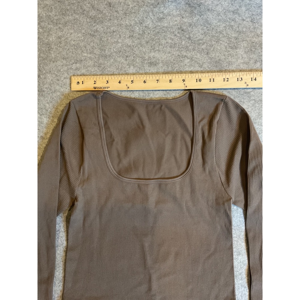 QQQ Women Brown Ribbed Square Neck Long Sleeve Seamless Crop Top Large - Picture 4 of 7